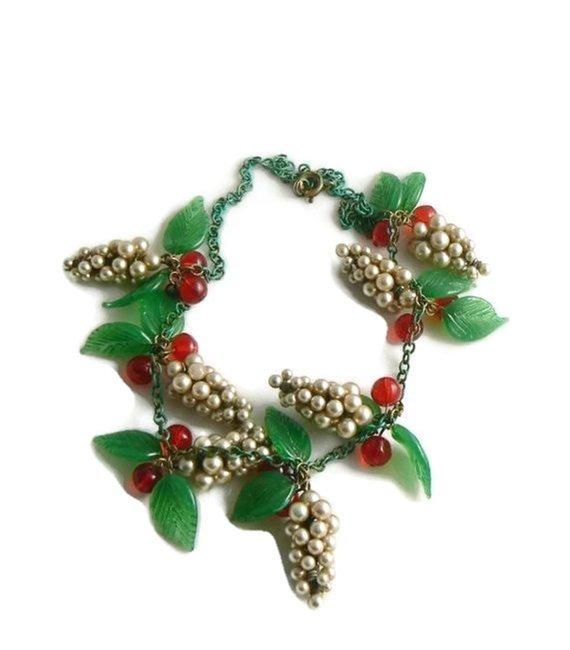 Early Miriam Haskell Glass Pearl Clusters, Red Glass Berries and Leaves Necklace