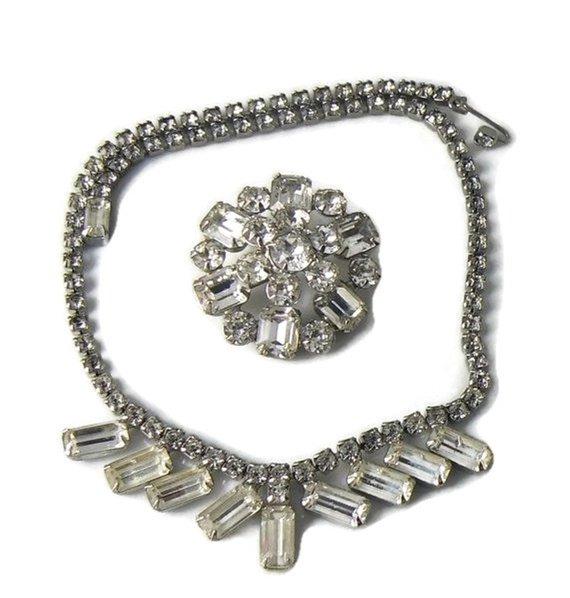 Vintage Weiss Clear Baguette Rhinestone Necklace And Brooch