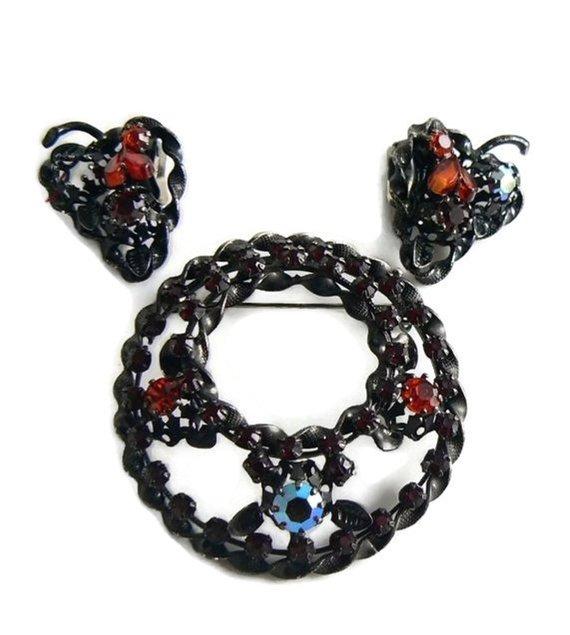 Austria Red and Orange Rhinestone Japanned Demi Parure