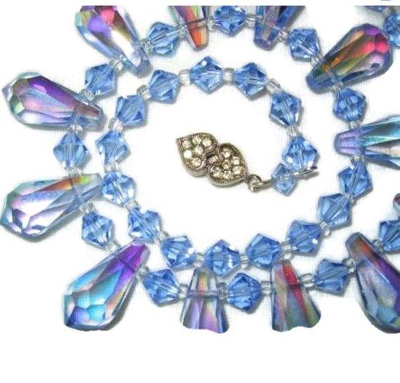Vintage Blue Glass Ab Crystal Teardrop Bead Necklace