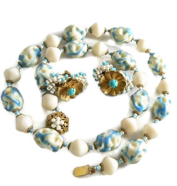 Miriam Haskell Art Glass Necklace Earring Set