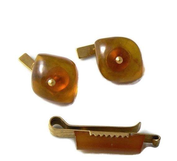 Old Russian Soviet USSR Genuine Baltic Amber Cufflinks And Tie Clip