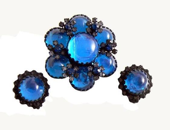 Vintage Bold Azure Blue Rhinestone Demi Parure