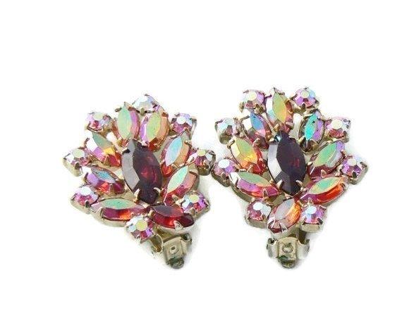 Vintage Signed Garne Red And Pink Ab Rhinestone Earrings