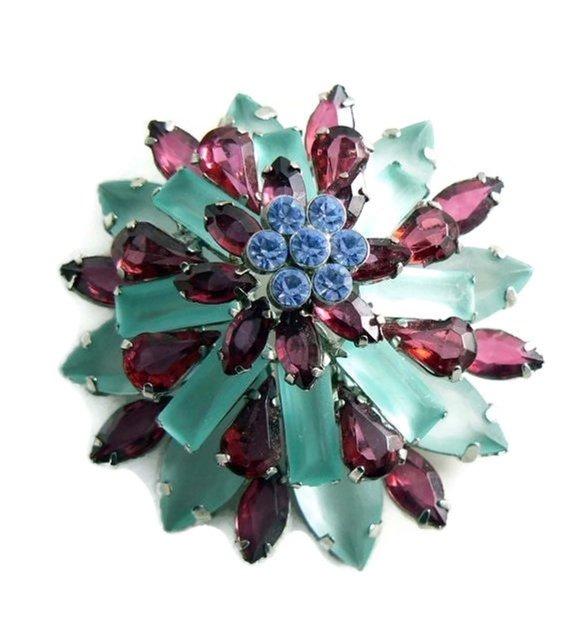 Vintage Huge Plastic Rhinestone Domed Christmas Tree Rhinestone Brooch
