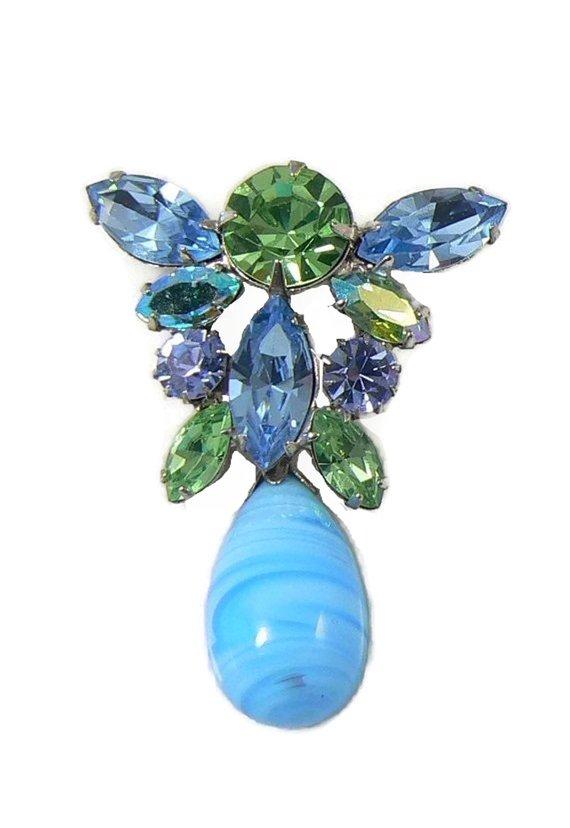 Vintage Rhinestone Blue and Green Drop Brooch
