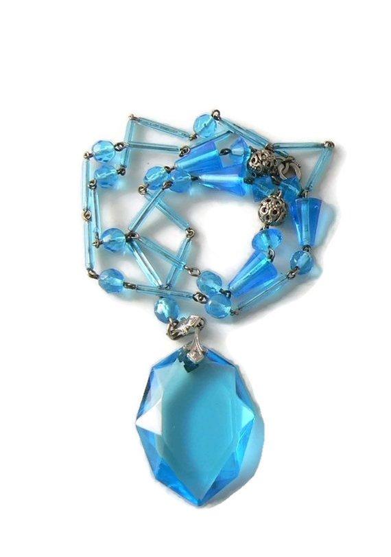 Spectacular Aqua Blue Art Deco Czech Art Glass Necklace