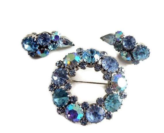 Vintage Topaz Ice Blue Ab Rhinestone Demi Parure