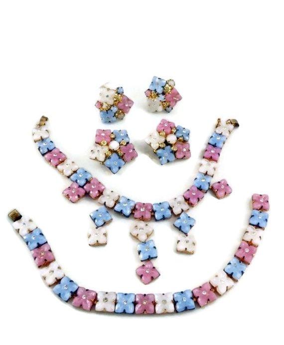 Vintage Czech Pastel Poured Glass Rhinestone Flower Parure
