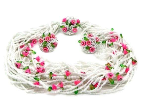 Vendome Pink Enameled Flower Rhinestone Necklace Earring Set
