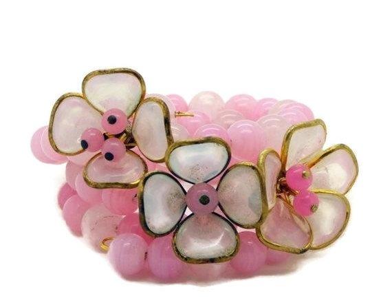 White Glass Flower Pink Beaded Memory Coil Bracelet