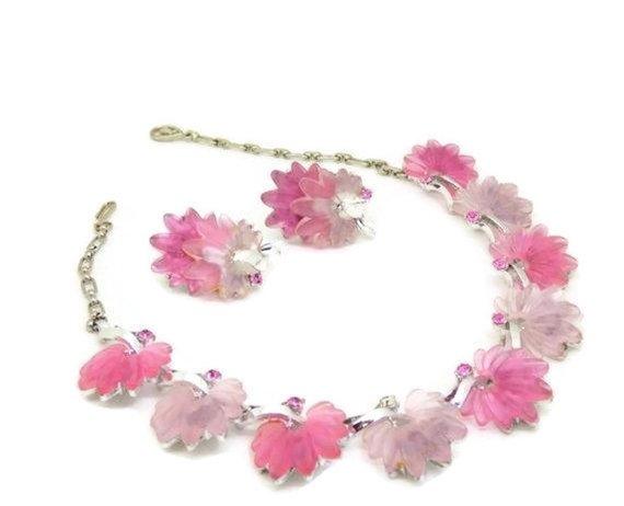 Vintage Pink Carved Lucite Rhinestone Necklace and Clip Earrings