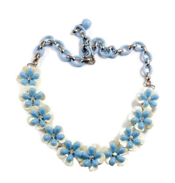 Vintage Baby Blue and White Celluloid Rhinestone Flower Necklace