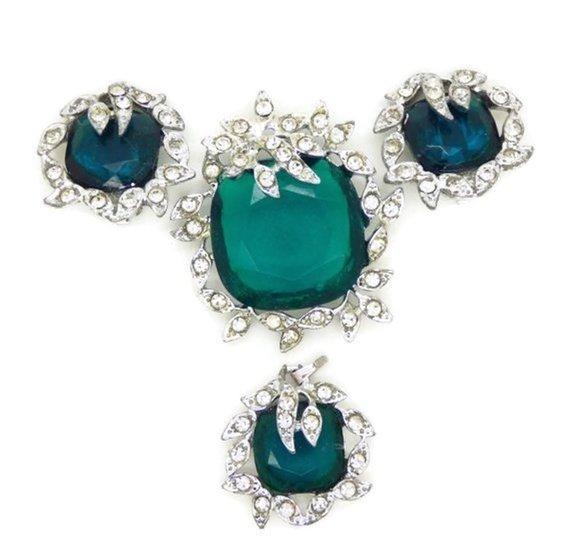 Sarah Cov Emerald Green and Clear Rhinestone Brooch, Pendant and Clip Earrings