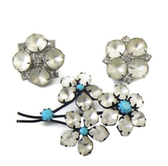 Austria Signed White Frosted Glass and Turquoise stone Japanned Flower Brooch, Earrings
