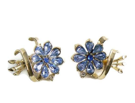 Vintage Blue Glass Rhinestone Daisy Clip Earrings
