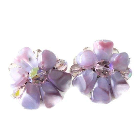 Vintage Murano Lavender Art Glass Flower Cluster Earrings