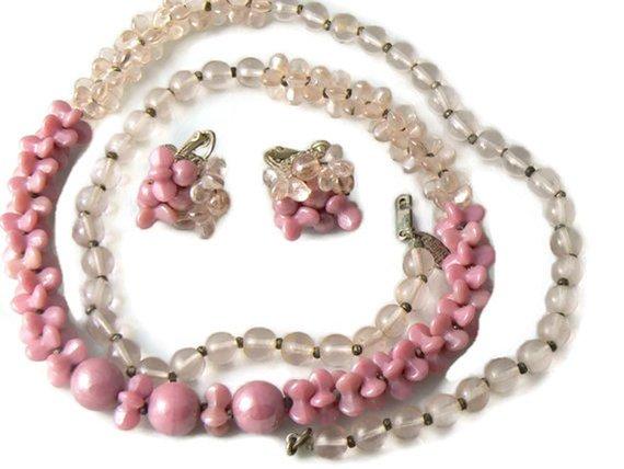 Vintage Miriam Haskell Signed Art Glass Necklace Earrings Set