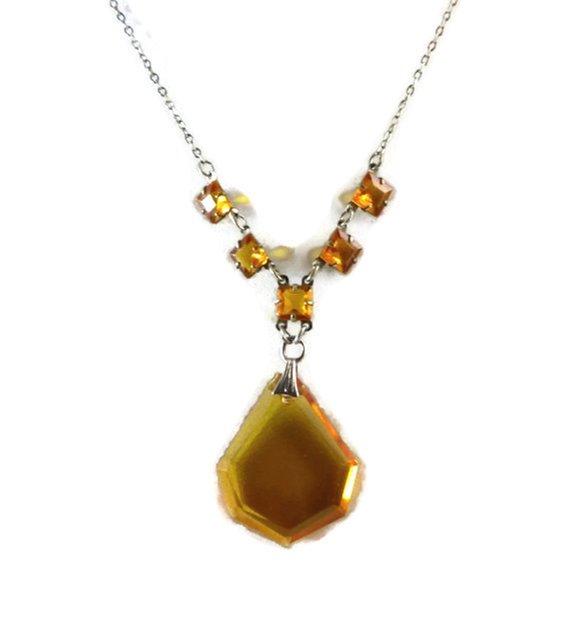 Czech glass amber necklace has prong set, open back, faceted glass squares