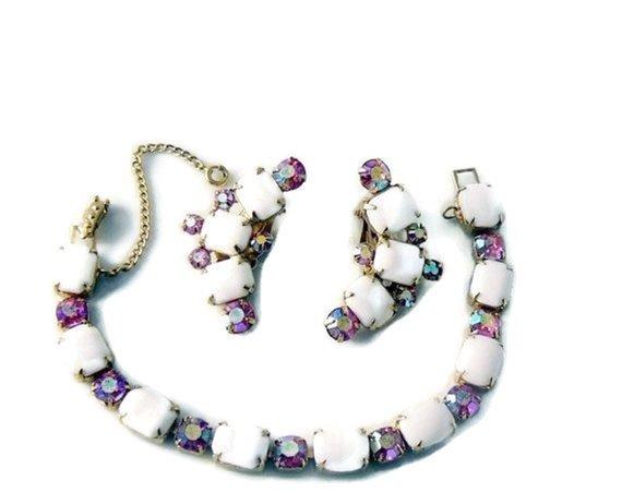 Kramer White Milk Glass Pink Ab Rhinestone Bracelet Earring Set