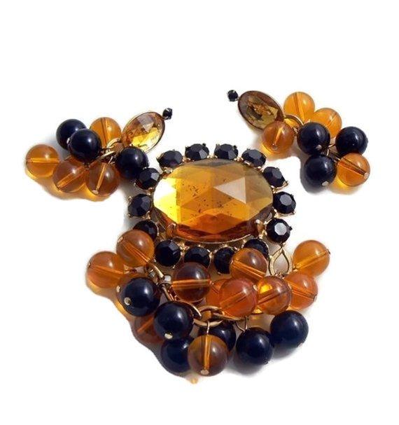 Alice Caviness Dangling Amber, Black Bead Rhinestone Demi Parure