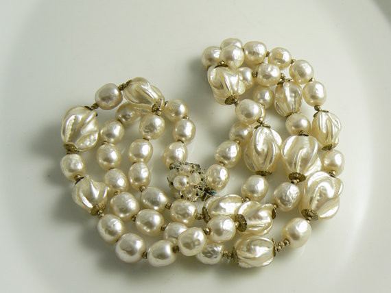 Fancy Extra Long Miriam Haskell Ruffled Baroque Pearl Necklace - Vintage Lane Jewelry