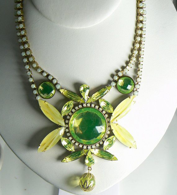 Czech Vaseline Uranium Statement Necklace Kutz CZ - Vintage Lane Jewelry