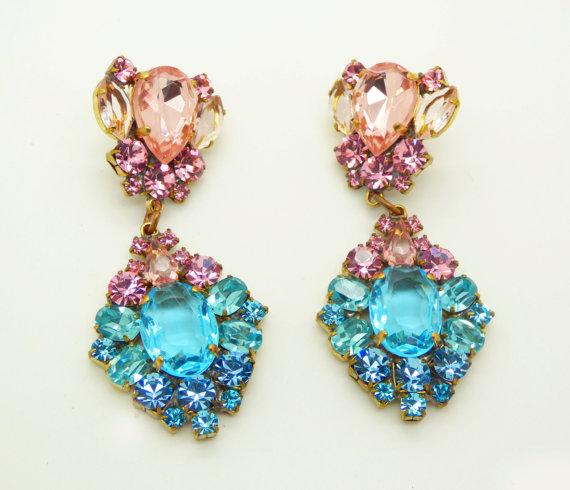 Aqua Blue and Pink Czech Glass Pierced Earrings