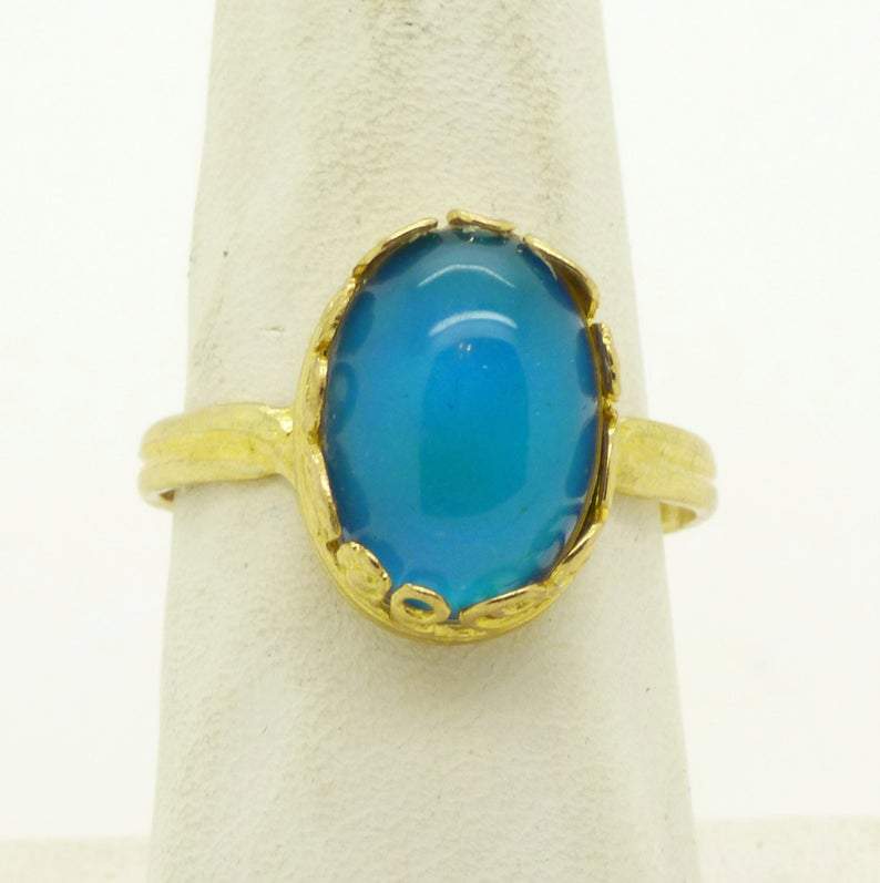 24K Gold Plated Flowers and Leaves Crown Bezel Setting Mood Ring, Adjustable