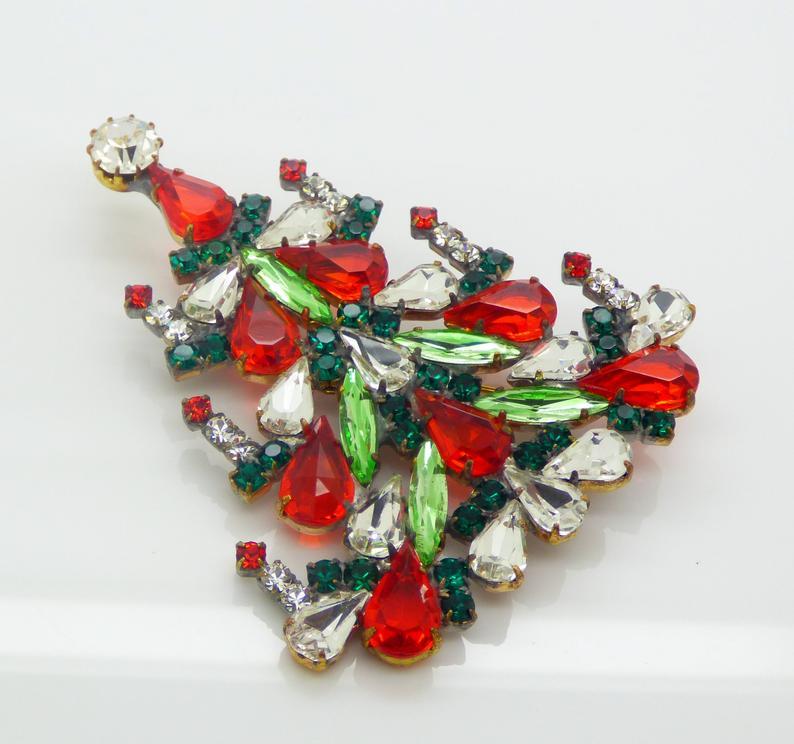 Czech Glass Christmas Tree Brooch with Candles, Vintage Rhinestones Xmas Tree Pin - Vintage Lane Jewelry