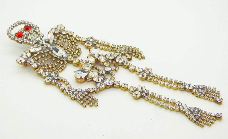 Huge Czech Rhinestone Skeleton Halloween Holiday Brooch - Vintage Lane Jewelry