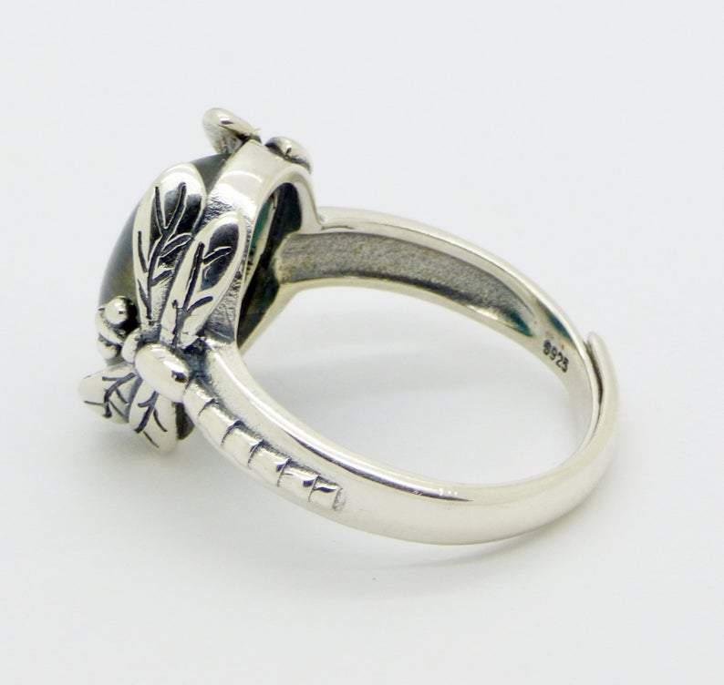 Dragonfly Art Deco Sterling Silver Mood Ring, Adjustable - Vintage Lane Jewelry