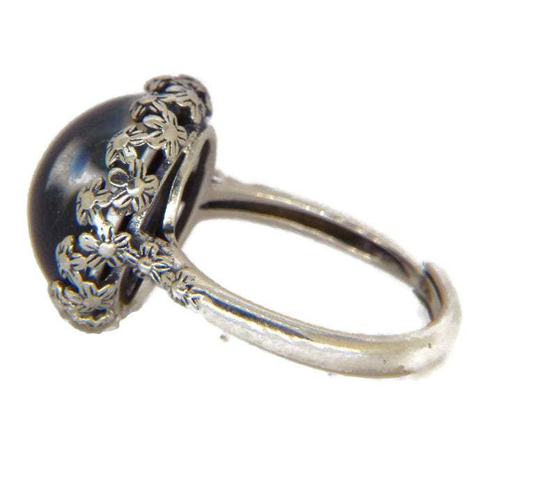 Round Mood Ring Sterling Silver Floral Filigree Setting, Adjustable. - Vintage Lane Jewelry