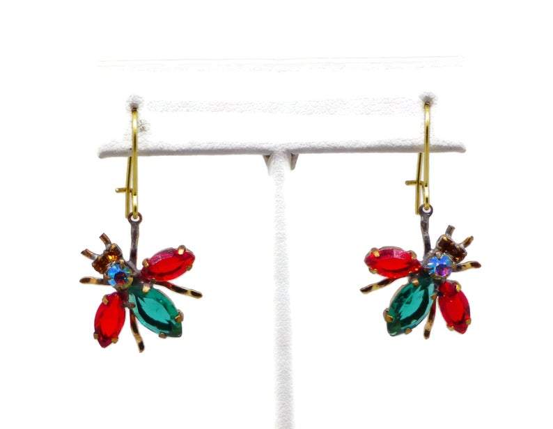 Czech Glass Fly Earrings, Green Body, Red Wings - Vintage Lane Jewelry