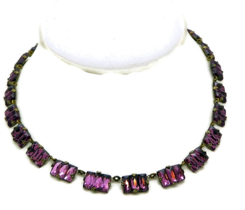 Czech glass amber necklace has prong set, open back, faceted glass squares