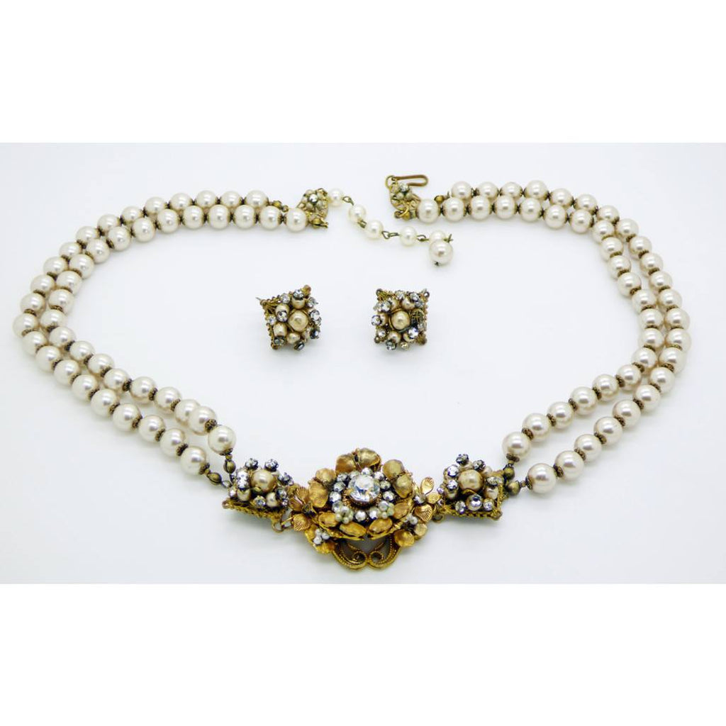Original By Robert Glass Pearl, Crystal Montees Brushed Gold Necklace and Earrings