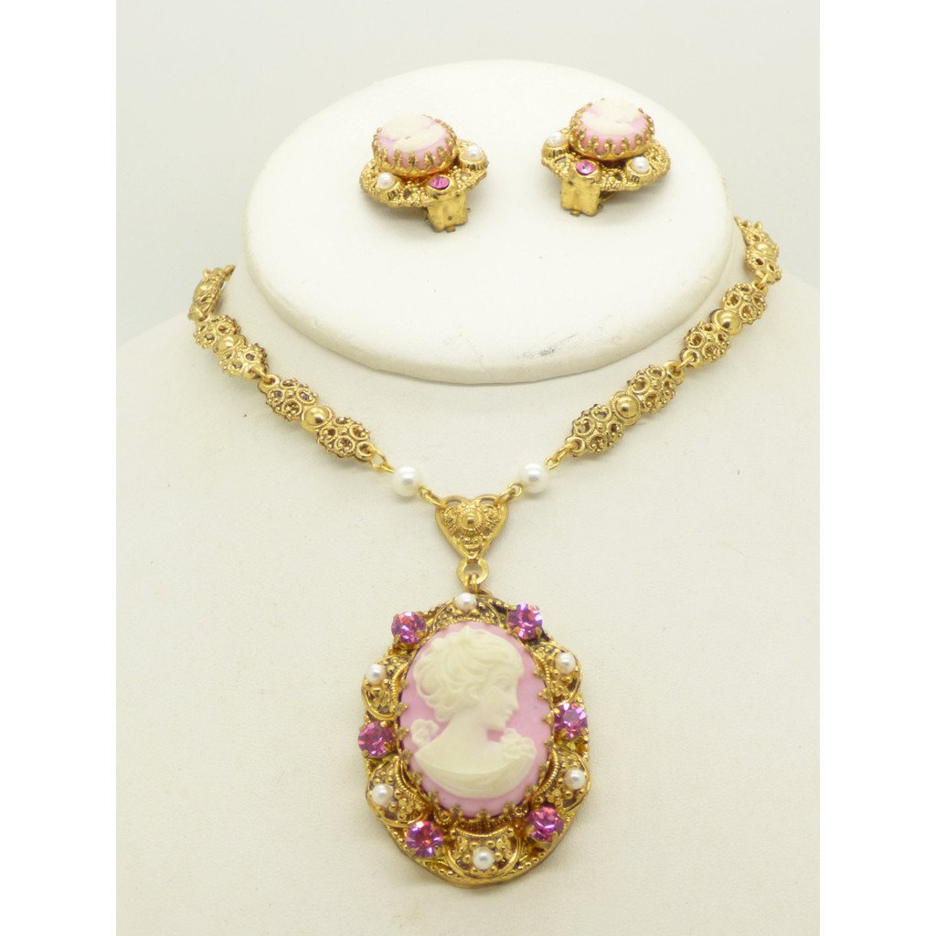Vintage West Germany Pink Cameo Rhinestone Necklace Clip Earring Set