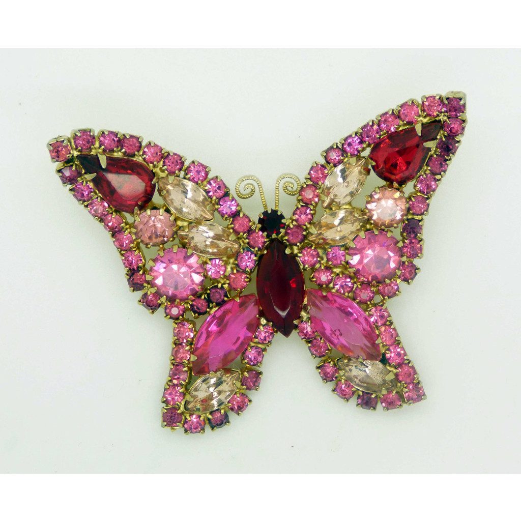 Vintage Weiss Rhinestone Butterfly Brooch, Red and Pink Stones