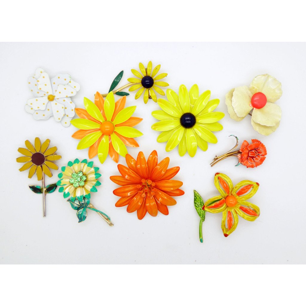 Orange and Yellow Enamel Flower Pins, Signed Art Pin