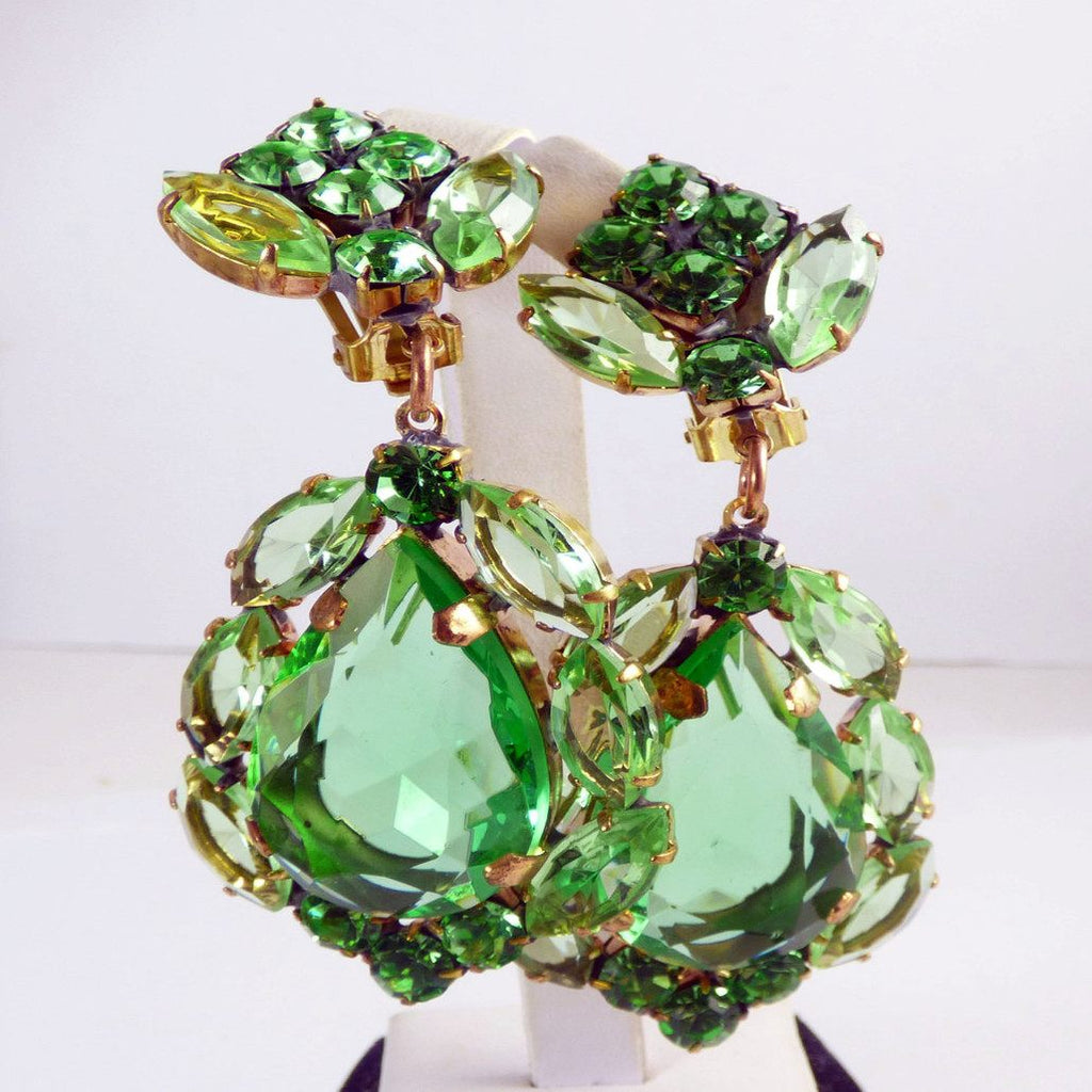 Green Czech Glass Huge Dangling Clip Earrings, Unique vintage, antique costume, estate jewelry