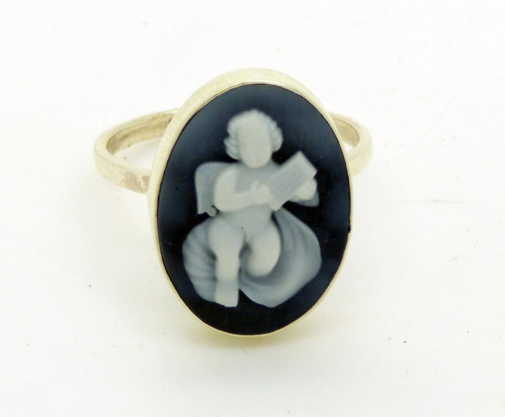 White Italian Cherub Cameo Onyx Angel Sterling Silver Ring, Size 7.5