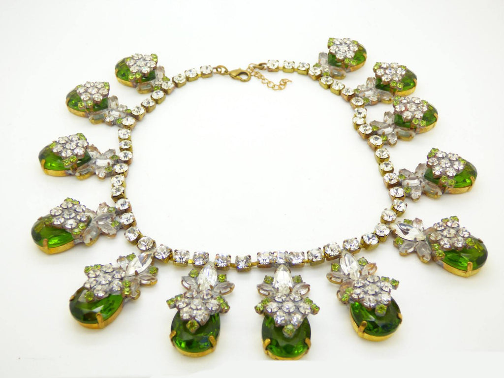 Statement Necklace Czech Glass Large Green Stones Clear Rhinestones