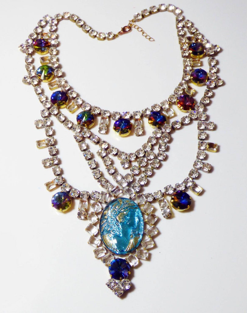 Czech Statement Rhinestone Blue Glass Cameo Necklace
