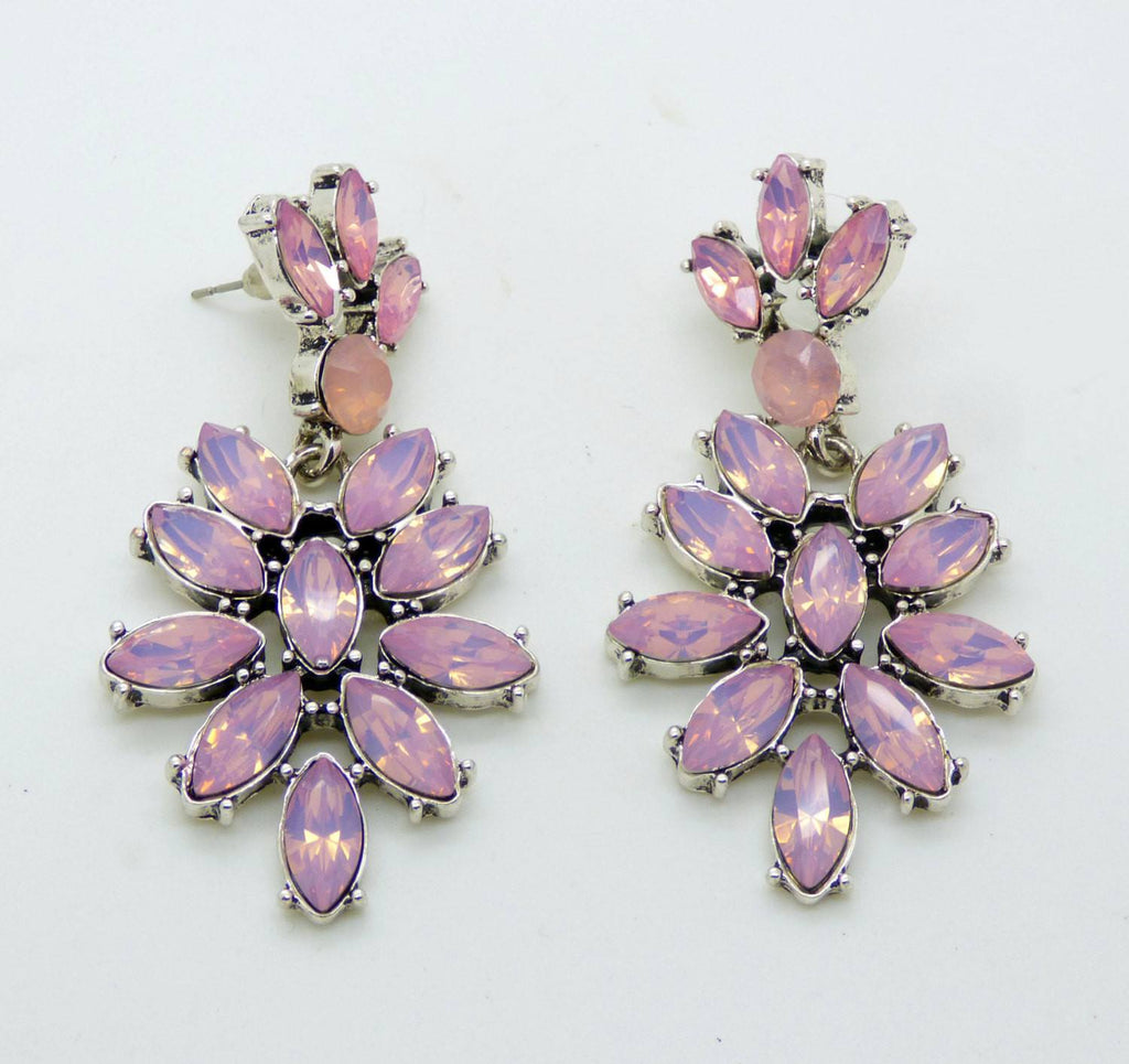 Pink Opalescent Navette Dangling Silver Tone Pierced Style Earrings