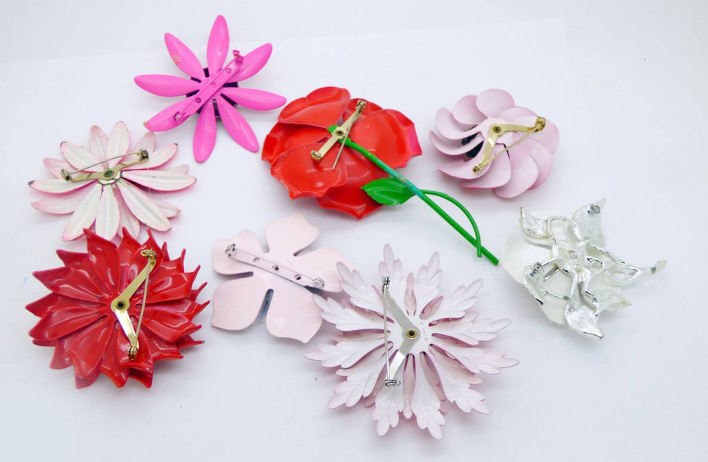 Vintage Enamel Flower Pins, Brooch Lot, Reds and Pinks - Vintage Lane Jewelry