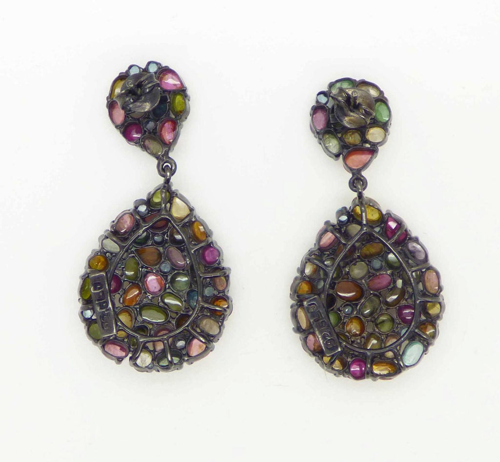 Natural Fancy Tourmaline, Blue Topaz and Ruby Black Rhodium Plated Pierced Style Earrings - Vintage Lane Jewelry
