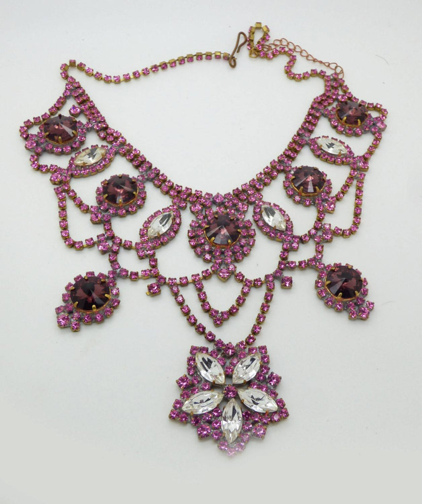 Pink, Burgundy and Clear Czech glass flower necklace