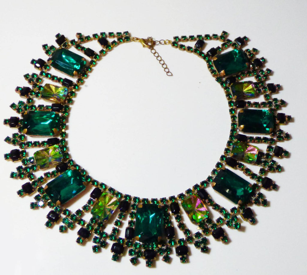 Czech Glass Watermelon Vitral Emerald Cut Rhinestones Bib Statement Necklace