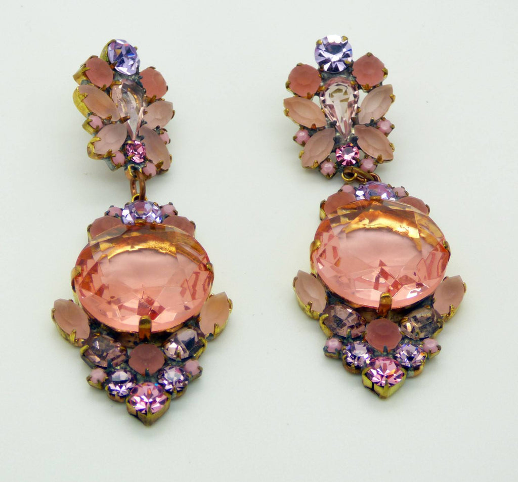 Czech Glass Peach and Lavender Dangle Pierced Style Earrings, Rhinestone, open-back