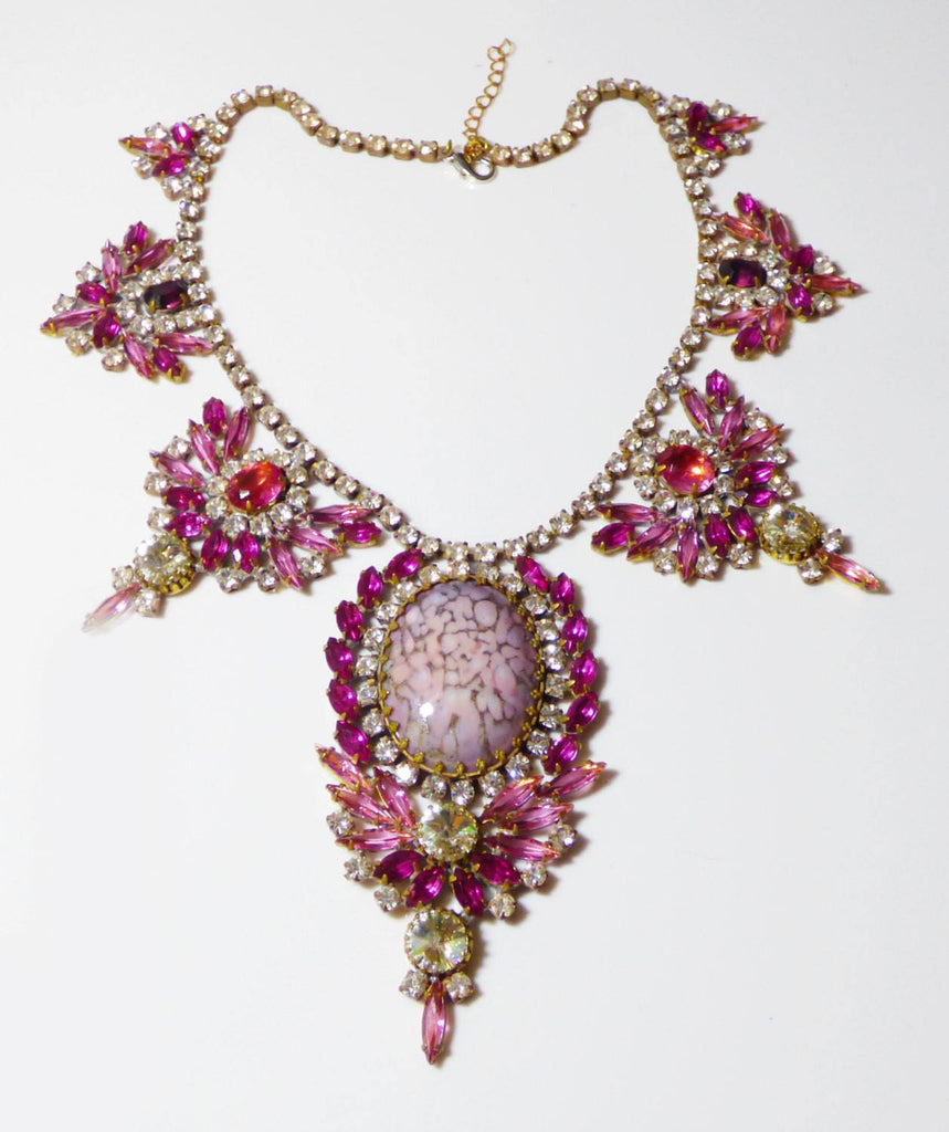 Husar D. Czech Glass Statement Large Pink Mottled Cabochon, Shades of Pink Rhinestone Necklace - Vintage Lane Jewelry